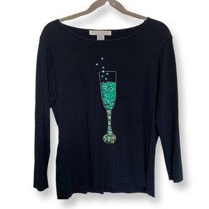 Lucia Burns Sequin Champagne Long Sleeve Festive Black Top XL